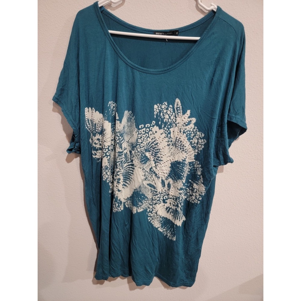 Private Label‎ Women's 4XL Short Sleeve Printed Stretch Top, Rhinestone Accents